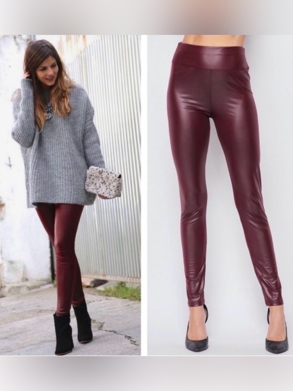 2 Pairs New Mix Faux Leather High-Waist Leggings - Burgundy Black L XL
